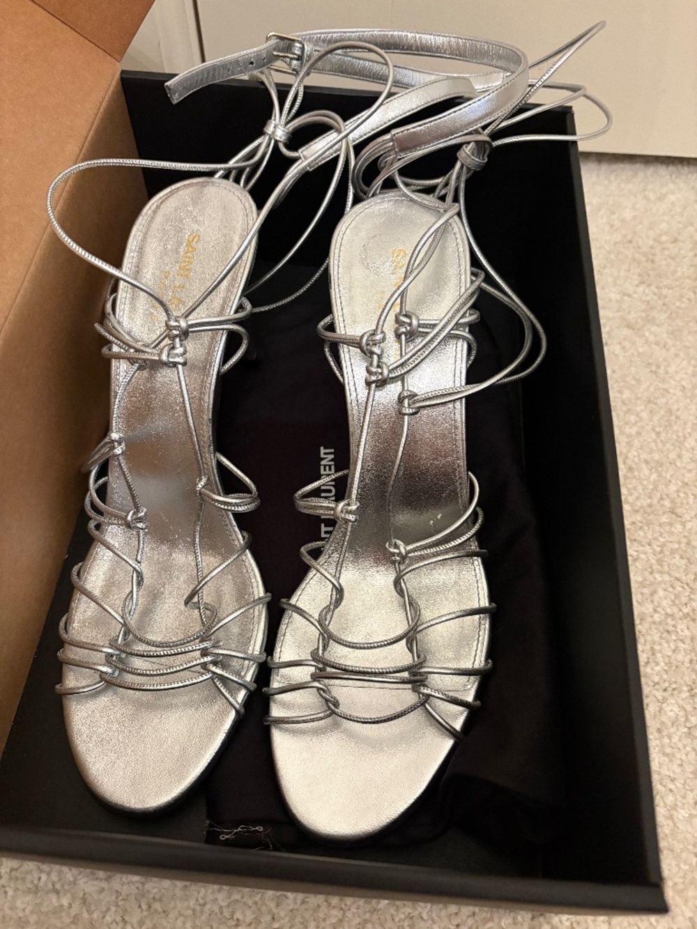 Saint Laurent silver metallic heels w/box